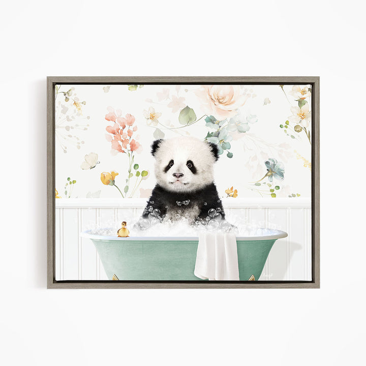 A panda bear sitting in a green bathtub filled with bubbles, surrounded by a floral wallpaper.