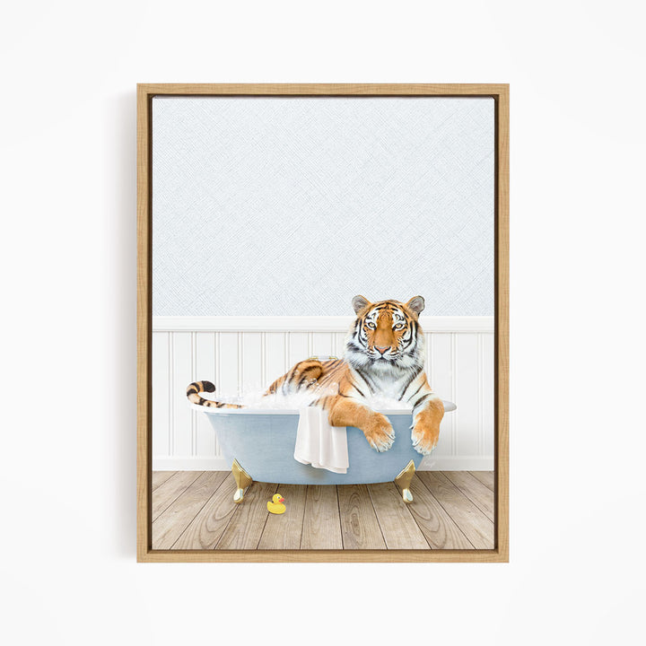 A tiger is sitting in a bathtub filled with water, surrounded by rubber ducks.