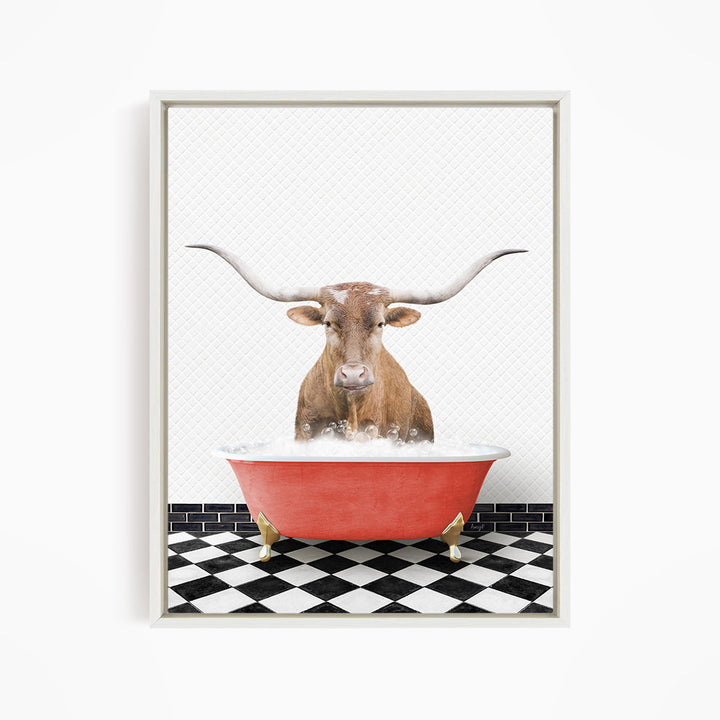 A brown cow with large horns is sitting in a red bathtub filled with water, creating a whimsical and humorous scene.