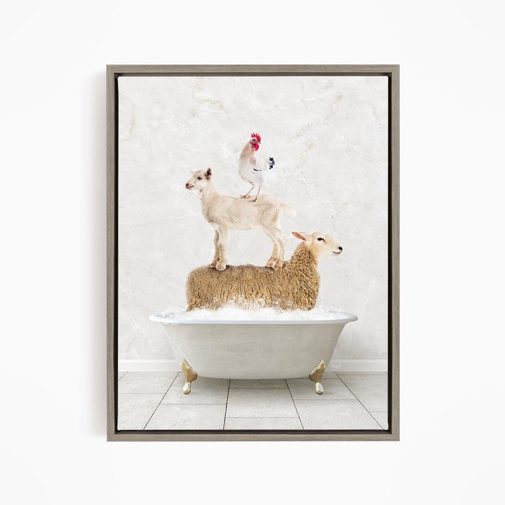 A framed image depicting a sheep standing on a tub filled with water, with a chicken perched on top of it.