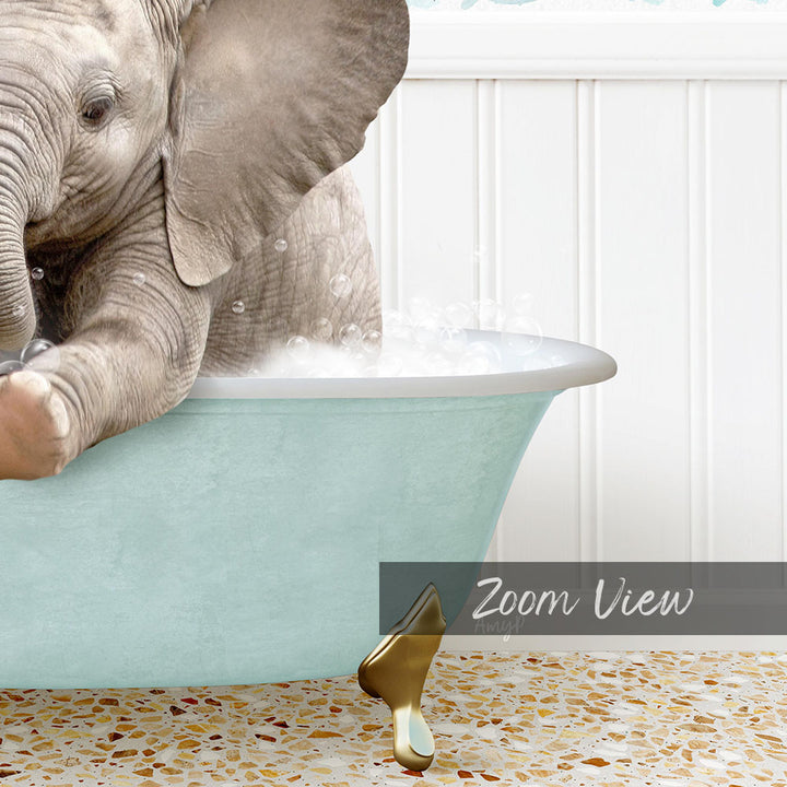 A baby elephant sitting in a light blue bathtub, surrounded by bubbles, with a text overlay that reads "Zoom View".