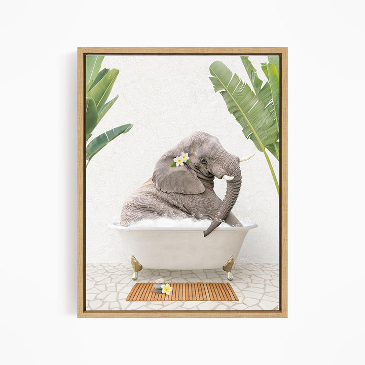 A gray elephant is sitting in a white bathtub, surrounded by green leaves and flowers, creating a whimsical and relaxing scene.