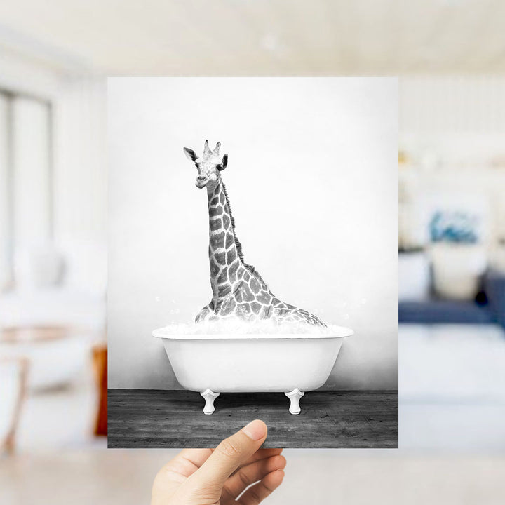 A giraffe sitting in a bathtub filled with water, creating a whimsical and amusing scene.