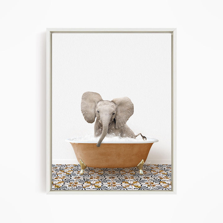 A gray elephant is sitting in a bathtub filled with water, surrounded by a patterned tile floor.