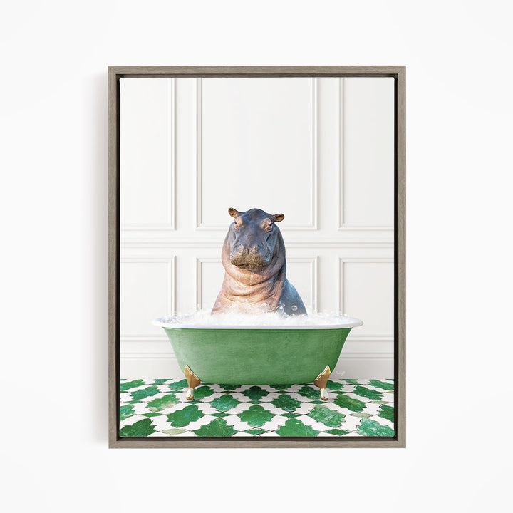 A hippopotamus sitting in a green bathtub filled with water, surrounded by a green and white patterned floor.