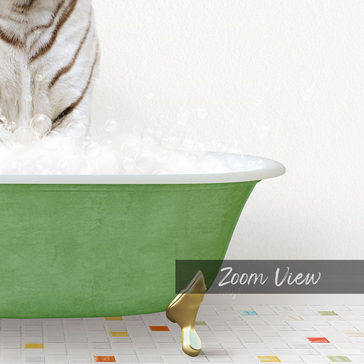 A white cat is standing in a green bathtub filled with bubbles, with a text overlay that reads "Zoom View".