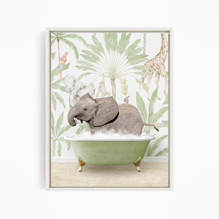 A gray elephant is sitting in a green bathtub, surrounded by tropical foliage and animals, including a giraffe and a parrot.