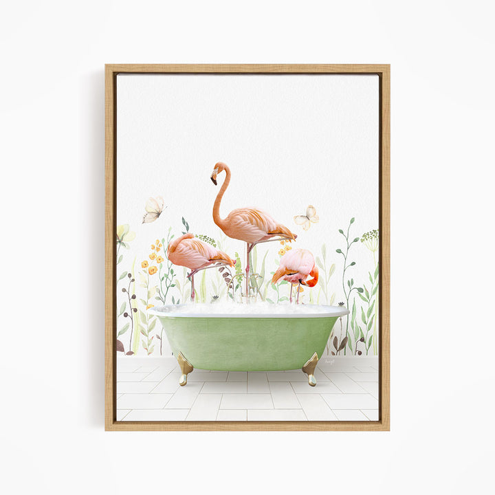A framed illustration depicting three flamingos standing in a green bathtub filled with water, surrounded by flowers and butterflies.