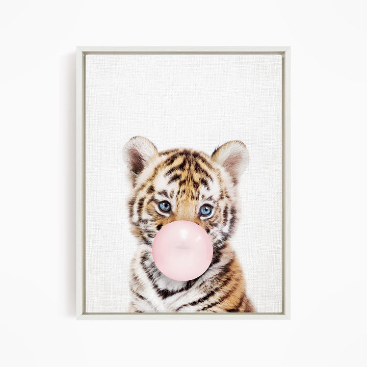 A young tiger cub blowing a bubble with a pink bubble gum bubble.