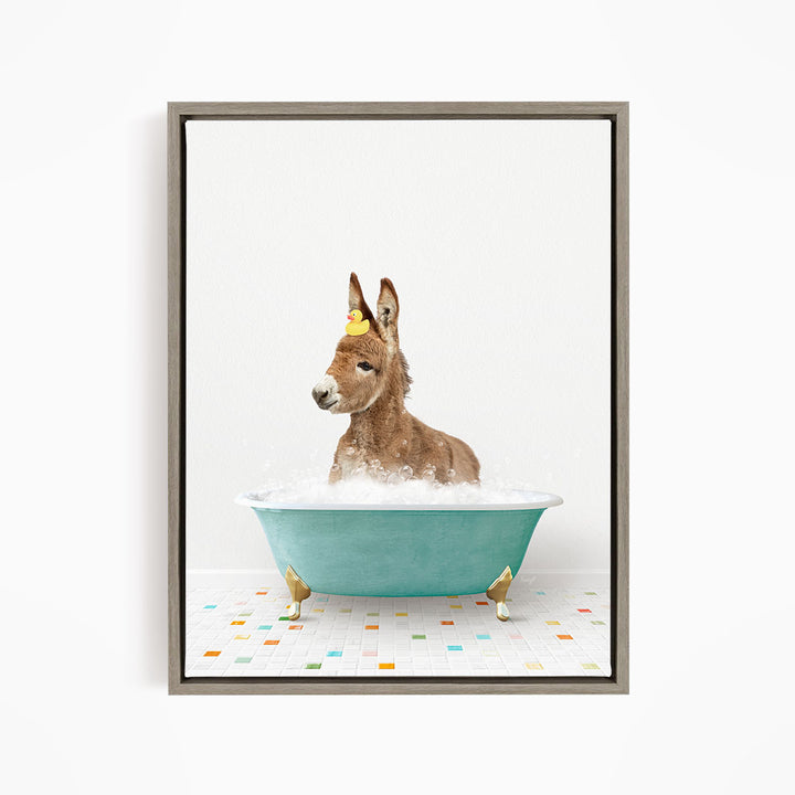 A donkey wearing a yellow hat is sitting in a blue bathtub filled with bubbles, creating a whimsical and playful scene.