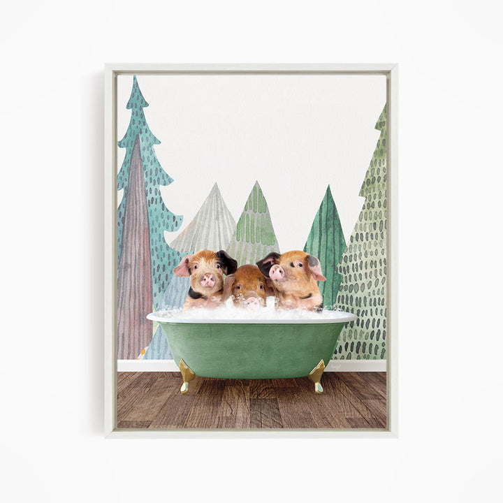 Three adorable pigs sitting in a green bathtub, surrounded by a forest-themed background.