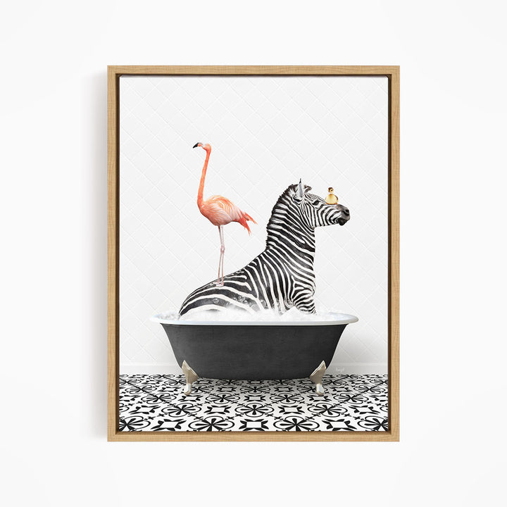 A framed image depicting a zebra sitting in a bathtub, with a flamingo standing on its back and a bird perched on its head.