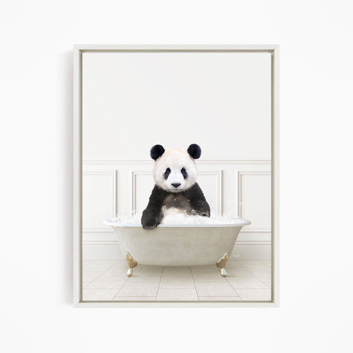 A panda bear sitting in a white bathtub filled with bubbles, creating a whimsical and playful scene.