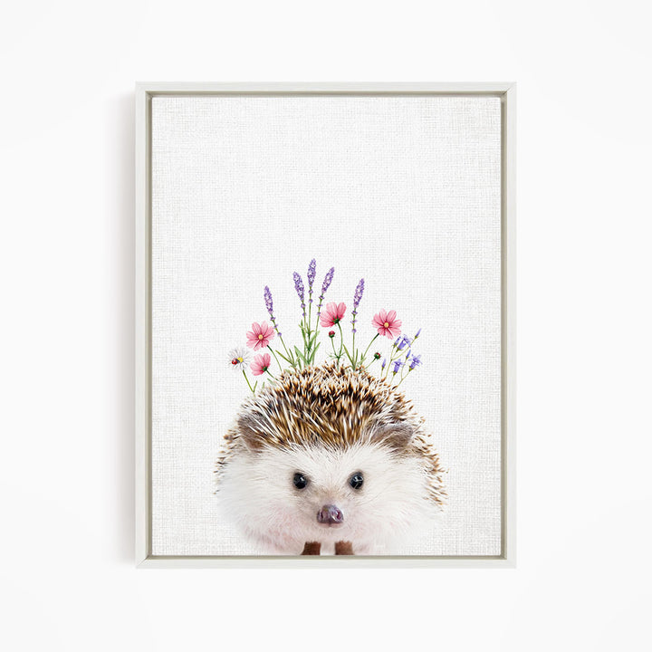 A cute hedgehog with flowers on its head is the main subject of the image.