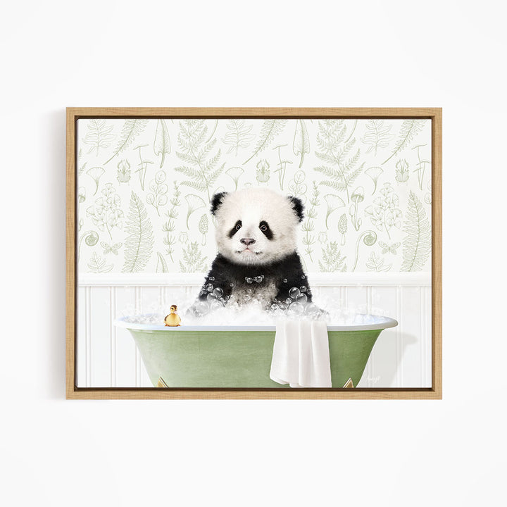A panda bear sitting in a green bathtub, surrounded by bubbles and a yellow rubber duck.
