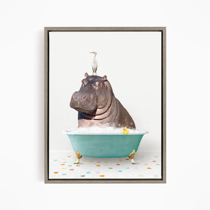 A hippopotamus sitting in a bathtub with a bird perched on its head.
