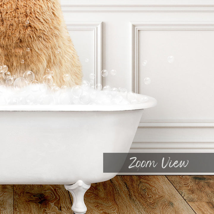 A fluffy brown dog is sitting in a white bathtub filled with bubbles, creating a cozy and playful scene.