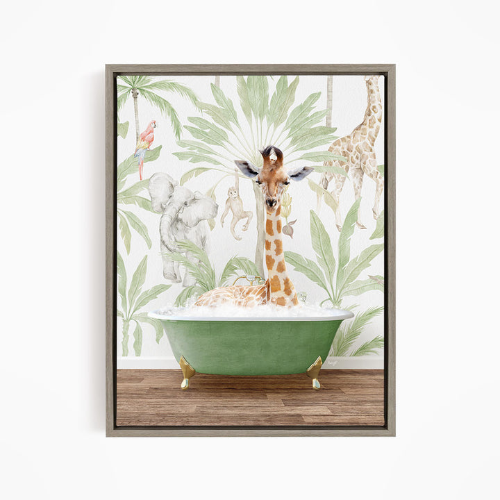 A giraffe is sitting in a green bathtub, surrounded by various animals and plants, creating a whimsical and playful scene.