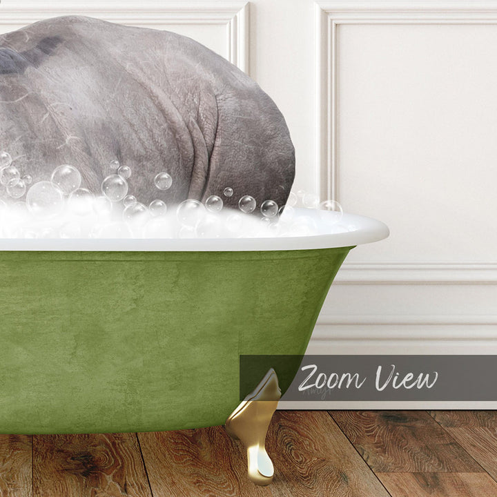 A large gray rhinoceros is sitting in a green bathtub filled with bubbles, creating a whimsical and playful scene.