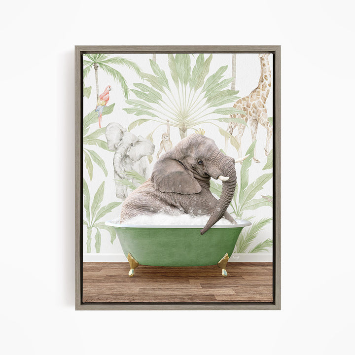A large elephant is sitting in a green bathtub, surrounded by tropical foliage and other animals, creating a whimsical and playful scene.