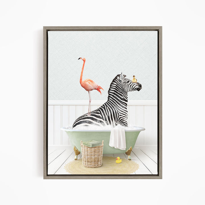 A zebra is sitting in a green bathtub, with a pink flamingo standing on its back and a yellow rubber duck floating nearby.