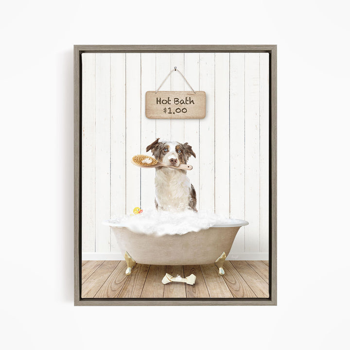 A dog sitting in a bathtub filled with bubbles, holding a toothbrush in its mouth, with a sign above the bathtub that reads "Hot Bath $1.00".