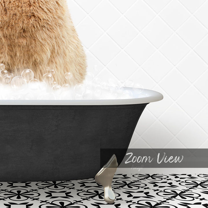 A fluffy brown cat is sitting in a bathtub filled with bubbles, with a black and white patterned floor in the foreground.