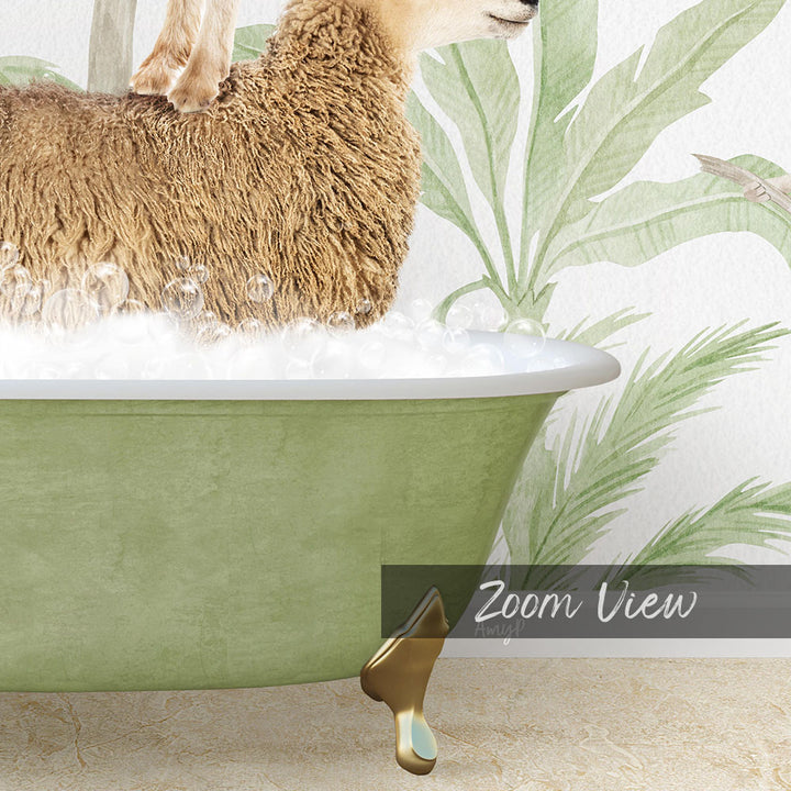 A sheep standing in a green bathtub filled with water, with a palm tree patterned wall in the background.