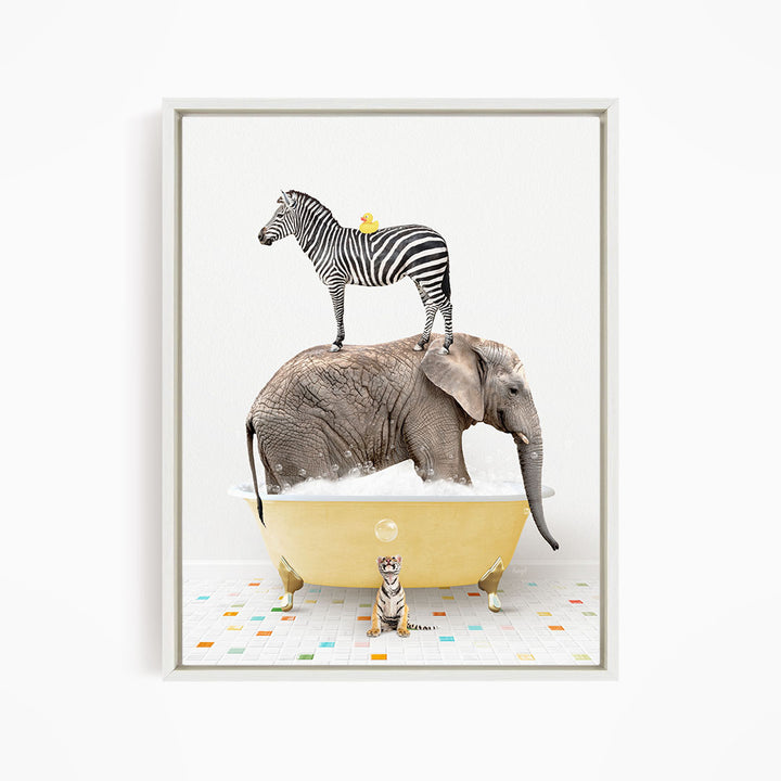 A zebra stands on the back of an elephant, which is submerged in a bathtub, with a small cat sitting on the edge of the tub.