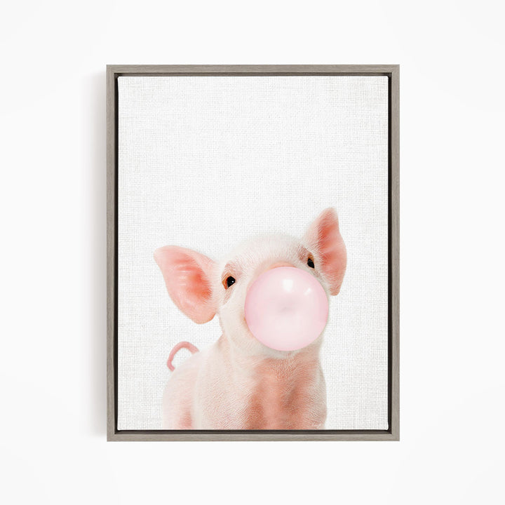 A cute pig blowing a bubble with a pink bubble gum bubble.