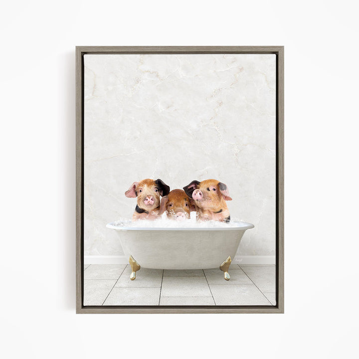 Three adorable pigs sitting in a white bathtub, enjoying a relaxing bath.
