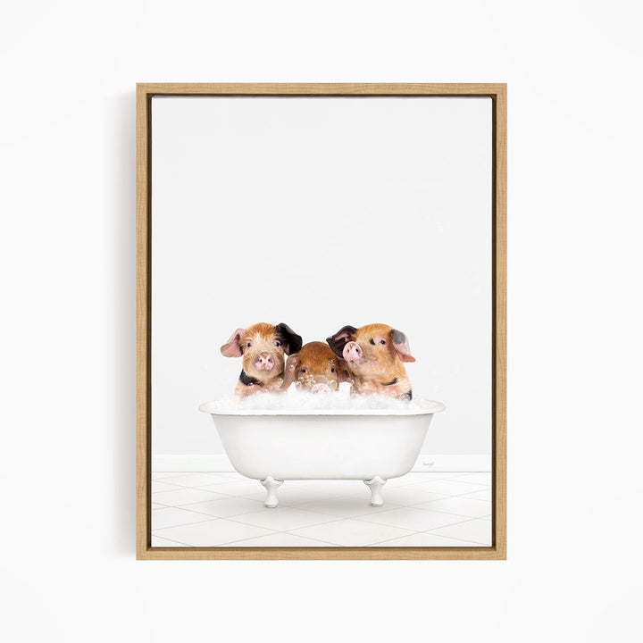 Three adorable pigs sitting in a white bathtub, enjoying a relaxing bath together.