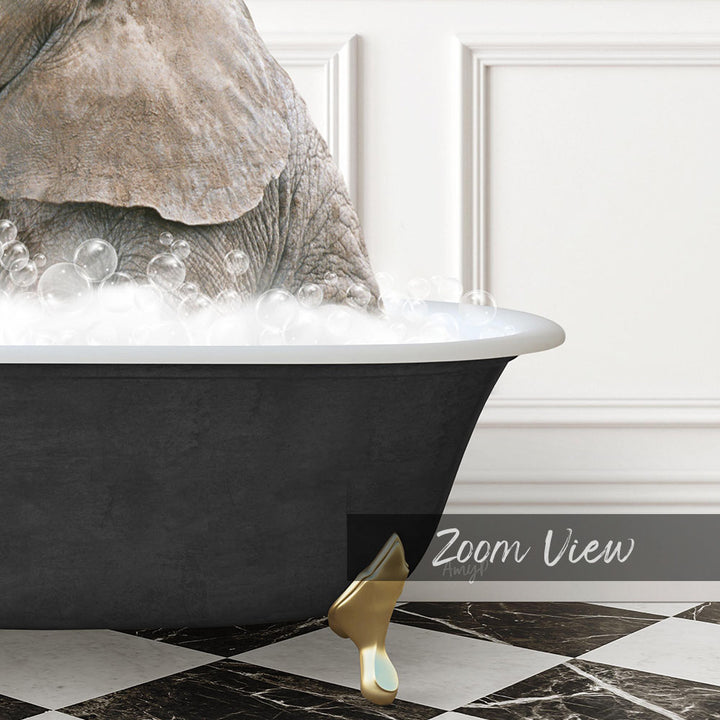 A black bathtub filled with bubbles, with a gold faucet and gold bathtub leg, set against a white wall and checkered floor.