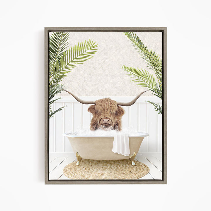 A brown cow with long horns is sitting in a white bathtub, surrounded by green palm leaves, creating a whimsical and playful scene.
