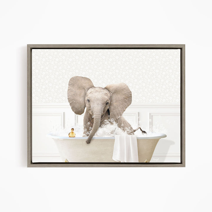 A gray elephant is sitting in a white bathtub filled with bubbles, surrounded by a white and beige patterned background.