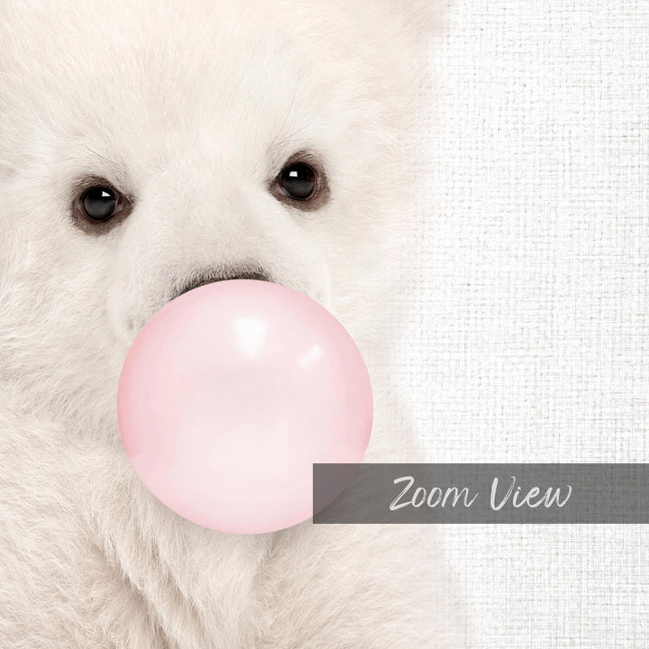 A close-up of a white bear holding a pink bubble gum bubble, with the text "Zoom View" overlaid on the image.