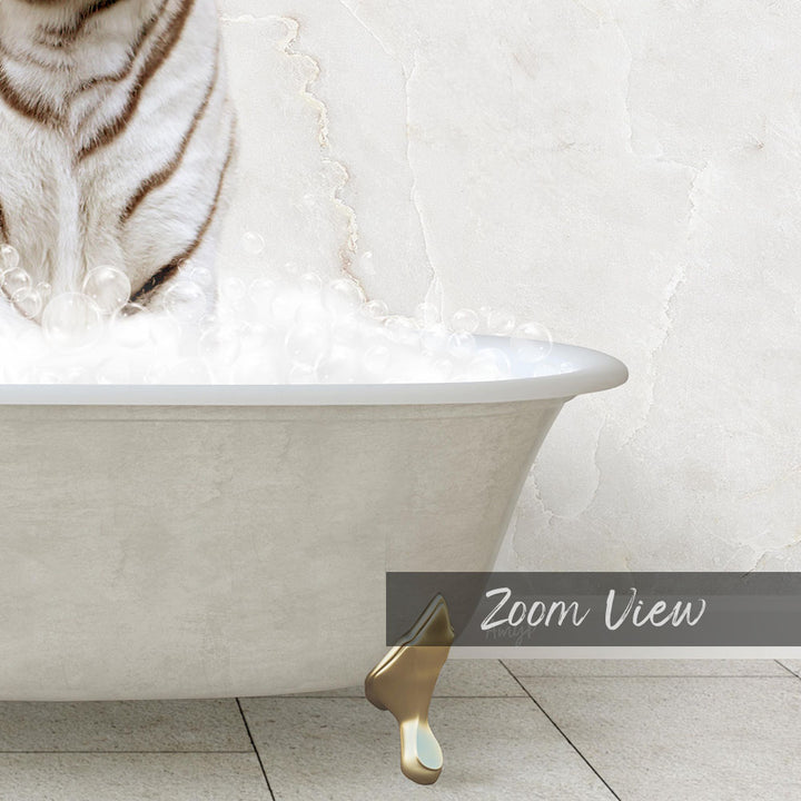 A white cat standing in a bathtub filled with bubbles, with a text overlay that reads "Zoom View".