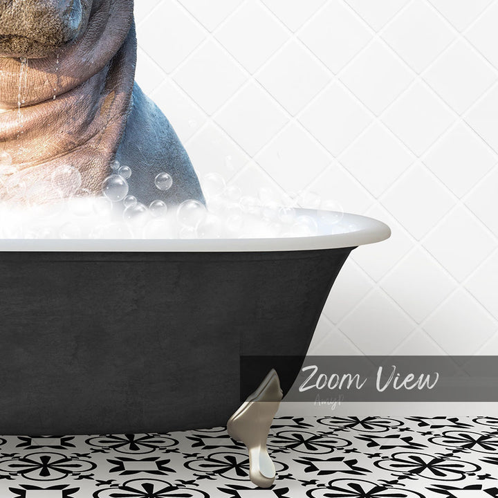 A close-up of a bathtub filled with bubbles, with a large animal, possibly a hippopotamus, partially submerged in the water.