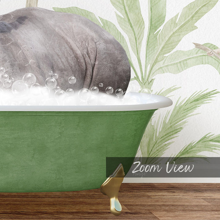 A large gray rhinoceros is sitting in a green bathtub filled with bubbles, surrounded by a tropical plant backdrop.