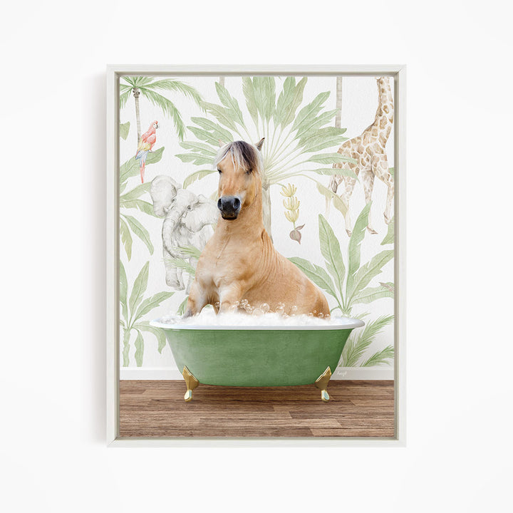 A horse is sitting in a green bathtub, surrounded by tropical foliage and a giraffe in the background.