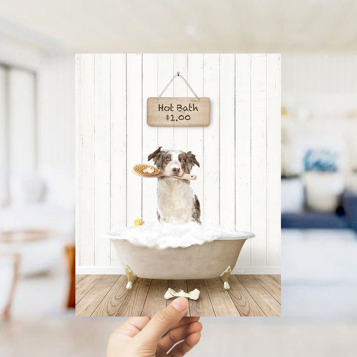 A dog sitting in a bathtub filled with bubbles, holding a brush in its mouth, with a sign indicating a hot bath for $1.00 above it.