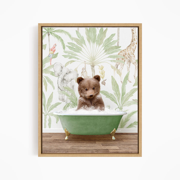 A brown bear sitting in a green bathtub filled with water, surrounded by a tropical wallpaper with various animals such as a giraffe, parrot, and elephant.
