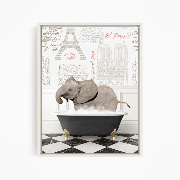 A gray elephant is sitting in a black bathtub filled with water, surrounded by a wall with various inscriptions and illustrations, including the Eiffel Tower.