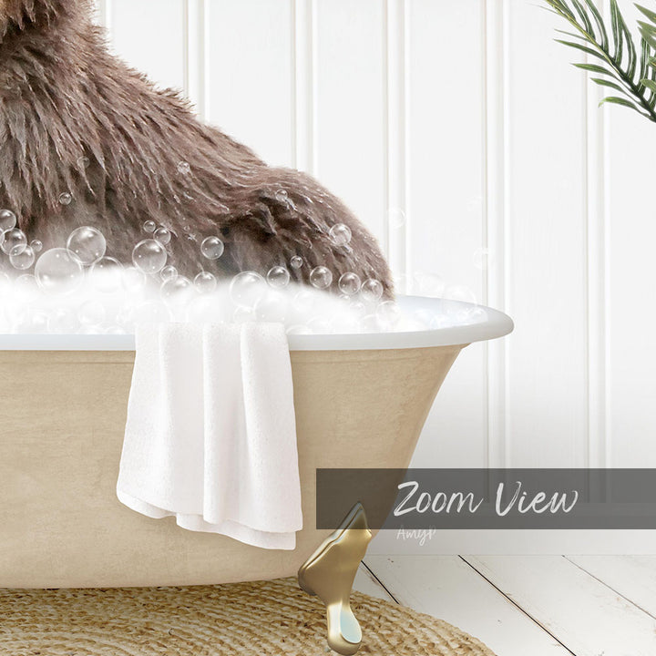 A fluffy brown dog is sitting in a bathtub filled with bubbles, with a towel and a gold object nearby.