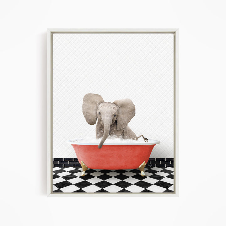 A gray elephant is sitting in a red bathtub filled with water, surrounded by a black and white checkered floor.