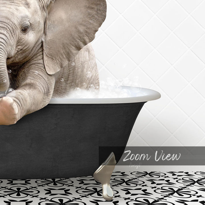 A baby elephant sitting in a bathtub filled with water, surrounded by a patterned tile floor.