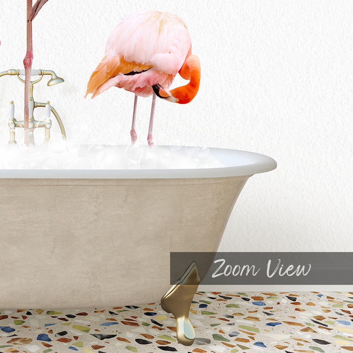 A pink flamingo standing in a bathtub filled with water, with a gold faucet and a mosaic floor visible in the background.