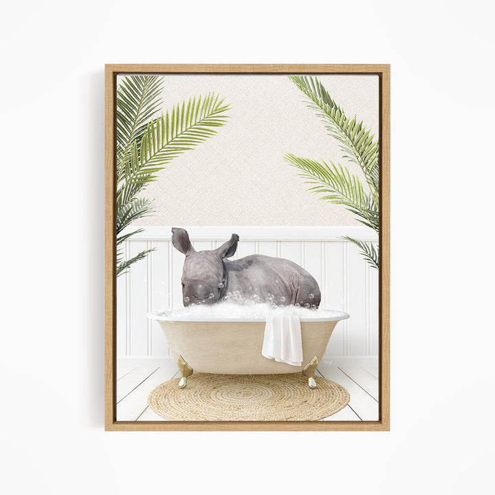A rhinoceros is sitting in a bathtub filled with water, surrounded by palm leaves, creating a whimsical and playful scene.