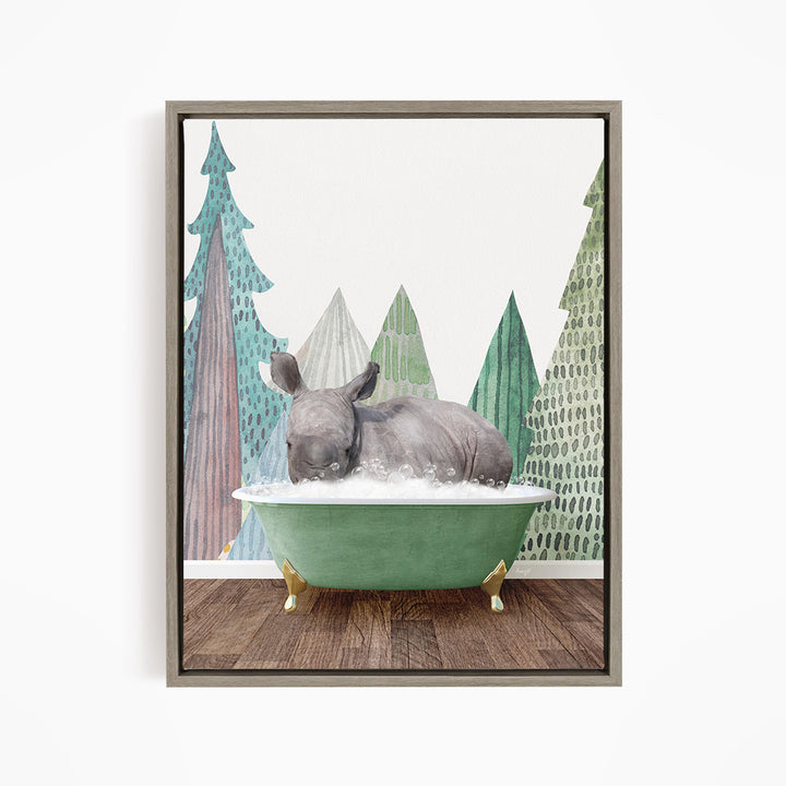 A rhinoceros is lying in a green bathtub, surrounded by a forest scene with trees and a snowy landscape.