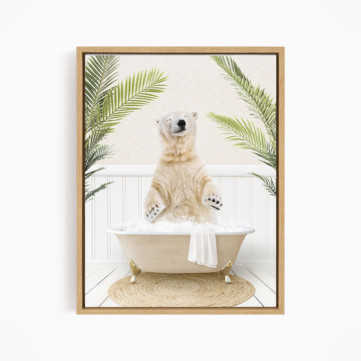 A polar bear sitting in a bathtub filled with water, surrounded by palm leaves, creating a whimsical and playful scene.
